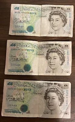 Lot Of 3 Bank Of England 1990 Bank Notes 5 Pounds Queen Elizabeth Bills • $25
