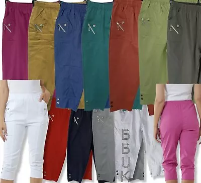 Ladies Women Stretchy Cropped Trousers Cotton Summer Capri Plus Size Pants 10-24 • £11.98