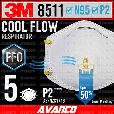 5 X 3M 8511 N95 P2 NIOSH Approved COOL FLOW PRO Face Mask Respirator Valve NEW • $59.99