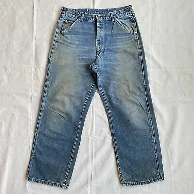 Vintage Lee Jeans Mens 32x29 Faded Distressed Blue Suspender Button Made In USA • $29.07