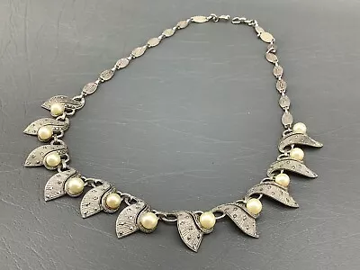 Vintage Sterling Silver Marcasite Simulated Pearl Necklace Germany • $44