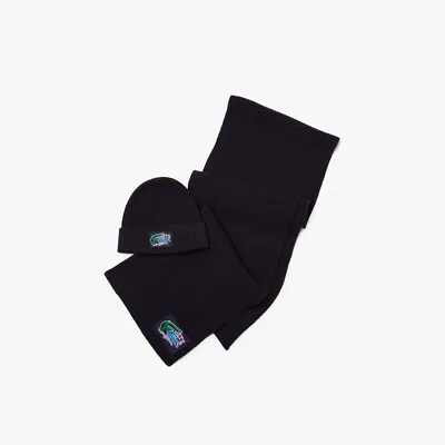 Lacoste Unisex Ribbed Wool Beanie And Scarf Gift Set - Made In France Blue • £75