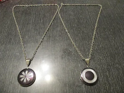 2 Vintage Mid Century  Etched Silver Tone Drop Enamel Pendant Locket Necklace! • $29.99