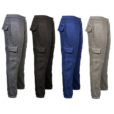 Mens Elasticated Fleece Cargo Combat Five Pocket Trousers Bottom Joggers Pants • £10.99