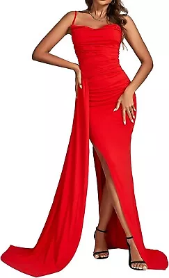 Women's Bodycon Maxi Dress Large High Slit Panel Red Spaghetti Straps Cowl Neck • $22.22