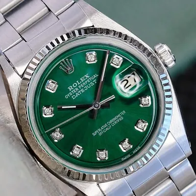 Rolex Mens Datejust White Gold & Stainless Steel Green Diamond Dial 36mm Watch • $4129