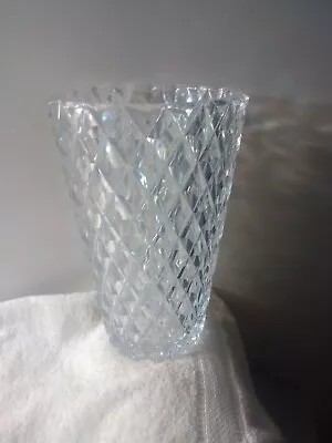 Vtg VAL ST LAMBERT Crystal Cut Glass Diamond Vase Signed  9  Tall Perfect Look • $44