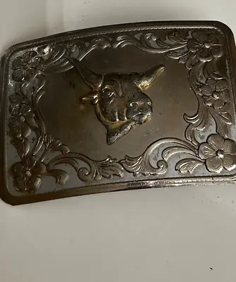Vintage Belt Buckle Nickel Plated Bull Flowers Rectangle Rodeo 3.25  X 2.25  • $9.99