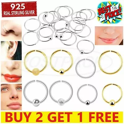 925 Sterling Silver Nose Hoop Ring Small Thin Gold 8mm 10 Piercing Fake Ball Set • £2.39