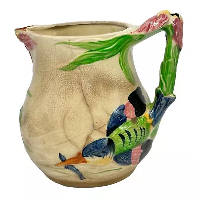 Vintage Majolica Bird Holding Fish & Flowers Pitcher 7”  Crazing  Japan  READ • $14.21