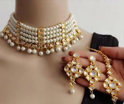 Indian Bollywood White Kundan Pearl Bridal Jewelry Women Necklace Set New • $17.49