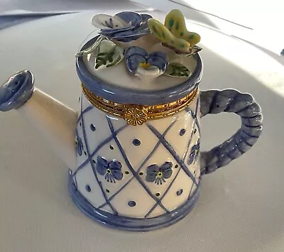 Hinged Mud Pie Ceramic White Blue Mini Watering Can Trinket Box 1999 • $15