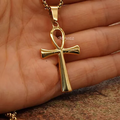 Mens Ancient Egyptian Ankh Cross Pendant Necklace Hip Hop Jewelry Chain 24  Gift • £10.79