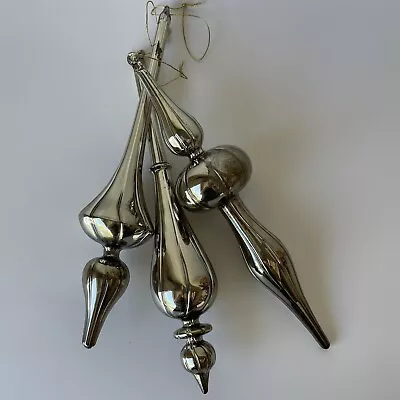 Vintage Finial Silver Mercury Glass Christmas Ornaments 11  Tall Set Of 3 • $45