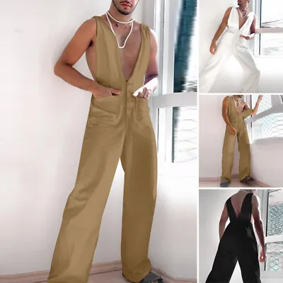 Summer Men Holiday Jumpsuit Sleeveless Vest Shirt Rompers Solid Cargo Trousers • $35.14