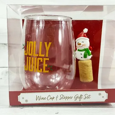 Jolly Juice Unbreakable 8oz Stemless Wine Glass Cup & Snowman Bottle Stopper NEW • $13.49