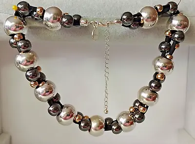  VP16 --*JEWEL SOHO*-striking Chunky Black & Silver Bead Multi-row Necklace • £6.50