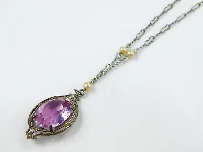 Vintage Art Deco Sterling Silver Purple Glass & Faux Pearl Pendant Necklace 16  • $124.99