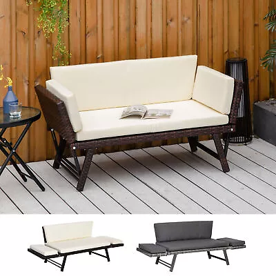 2 In 1 Rattan Folding Daybed Sofa Bench Garden Chaise Lounger W/Cushion • £147.99