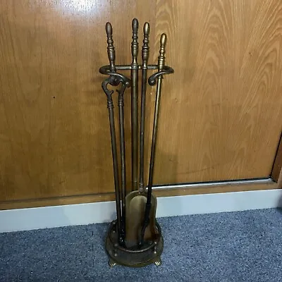 Vintage Fireplace 4 Piece Tool Set With Stand Tong Shovel Poker • $49