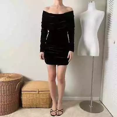 Vintage Y2k Black Velvet Ruched Off Shoulder Back Cutout Long Sleeve Mini Dress • $78