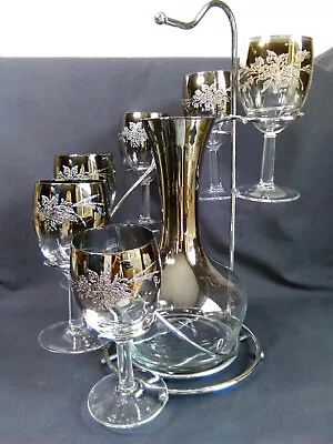 Vintage Luminarc 6 Silver Fade Stemmed Wine Glasses Decanter Chrome Caddy France • $120