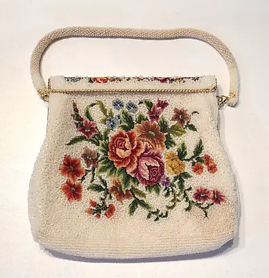 Vintage 50's Floral Needlepoint Tapestry & White Beaded Handbag/Purse With Strap • $30