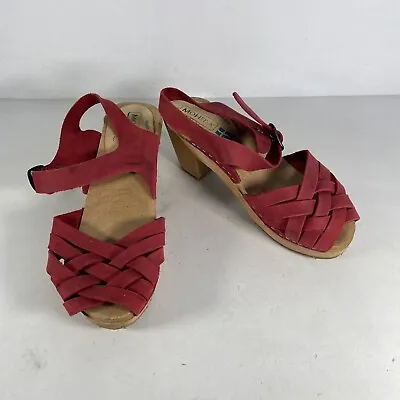 Moheda Red Suede Woven Wooden Clog Sandals Made In Sweden Womens Size EU 36 • $36