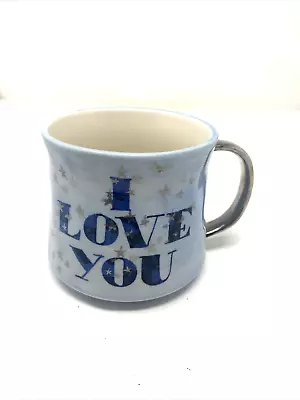 Anthropologie Mug I Love You  Me Too  Blue With Silver Butterflies & Stars • $12.95