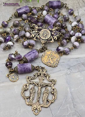 Crown Of Thorns Jesus Carrying Cross Amethyst Vintage Bronze Ornate Rosary • $169