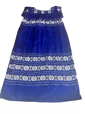 Peasant Mexican Dress Tunic Boho Hand Embroidered Puebla Dress Royal Blue Size M • $20.79