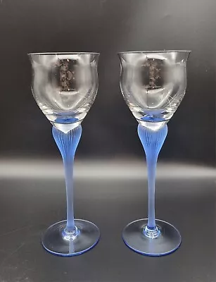 Mikasa Crystal Sea Mist Sapphire Blue Tulip Frosted Stem Wine Glasses 8.5 -2 • $15
