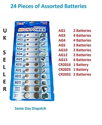 New 24 Assorted Button Cell Watch Battery Batteries Ag 1/3/4/10 Cr 2016/25 2032 • £2.99