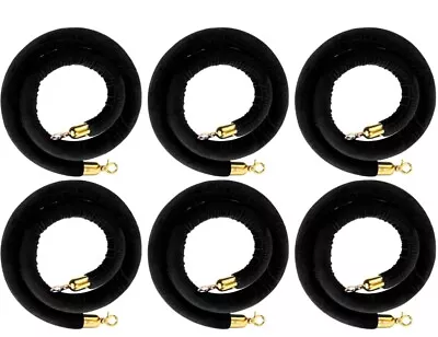 6-Pack Velvet Black 5ft Stanchion Ropes Gold Platted Hooks For Carpet Events NEW • $28.97