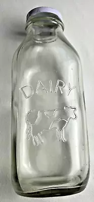 Dairy Bottle Clear Glass Milk Bottle Jar Embossed Cow 8 3/4  Tall • $7.99