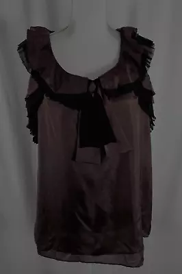 MM Couture Women Blouse Browns Black Lined Silk Ruffles Tie Silk Polyester Large • $14.99
