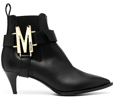 Moschino Boots Ankle M Gold Logo Booties Harness Pointy Toe Shoes 38 • $269