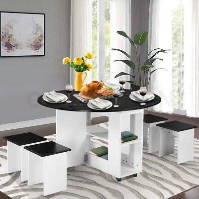 $219.95 • Buy 5 Piece Dining Set Foldable Round Table And 4 Chairs With Wheels Wooden Kitchen