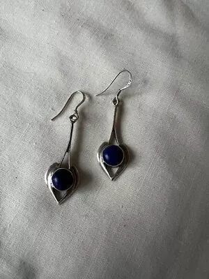 Silver Drop Lapis Lazuli Cabouchon Earrings In An Art Deco Style • £30