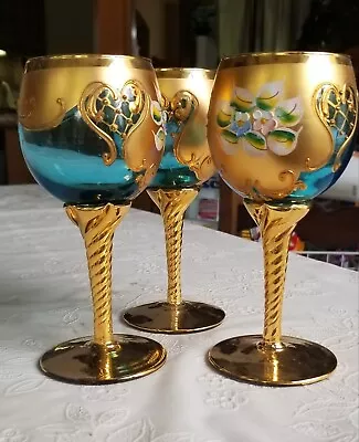 Vintage Murano Glass Set Of Three Hand Painted Venetian Wine Goblets GORGEOUS! • $214.99