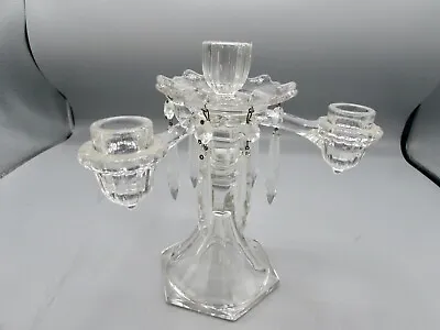 Unmarked Clear Glass Candelabra THREE PIECES SIX PRISIMS SIX SIDED BASE 4 CANDLE • $50