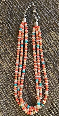 JAY KING 3 STRAND NECKLACE TURQUOISE ORANGE CORAL MULTI STONE Beads .925 21  • $94