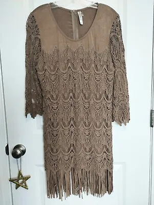 Brown Fringe Suede Western Mini Dress | Med Country Western Boho Crochet Sleeves • £30.40