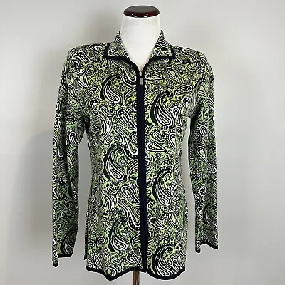 Misook Cardigan Womens XS Zippered Paisley Sweater Green Black Collared • $29.99