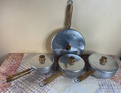 Lot Of 4 Vtg Mirro 54221-1330 Wooden Wood Handle Non Stick Pots & Pan With Lids • $44.98