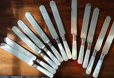 Lot 12 Sheffield Harrison Bros Howson Mother Of Pearl Knives Sterling Silver • $54.99