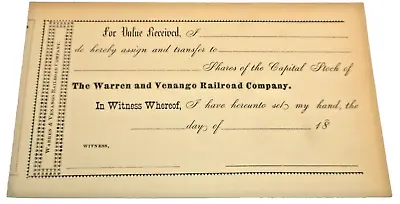1871 Warren And Venango Railroad Nyc Unused Capital Stock Transfer Form • $75