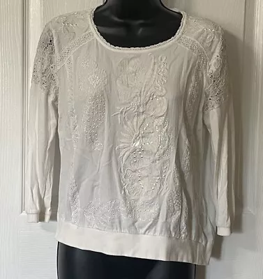 TINY Shirt Women Small White Embroidered Anthropologie Pullover Lace Detail Top • $16.98