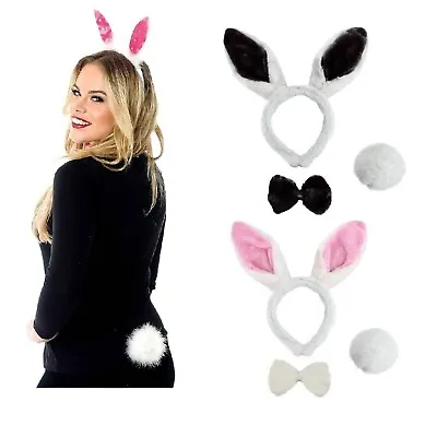 3Pc BUNNY RABBIT SET Headband Ears Tail Bow Tie Easter Halloween Hen Fancy Dress • £3.62