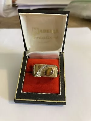 Nice Vintage Mens Madeira 18k Gold Electroplate Ring With Cats Eye In Box • $15